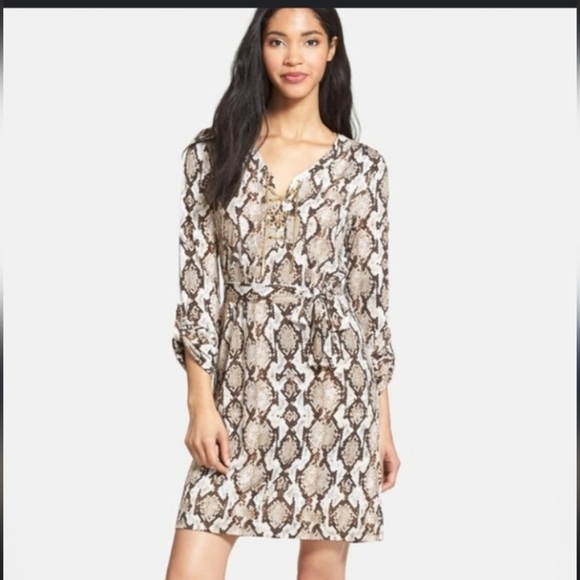 MICHAEL Michael Kors Dresses & Skirts - Micheal Kors Animal Print Snakeskin Flowy Mobwife Gold Lace Up Belted Dress